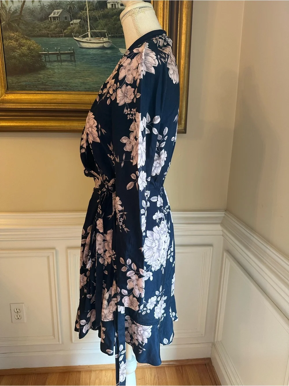 MARISSA WEBB Navy Blue Pink Floral Wrap Ruffle Dress